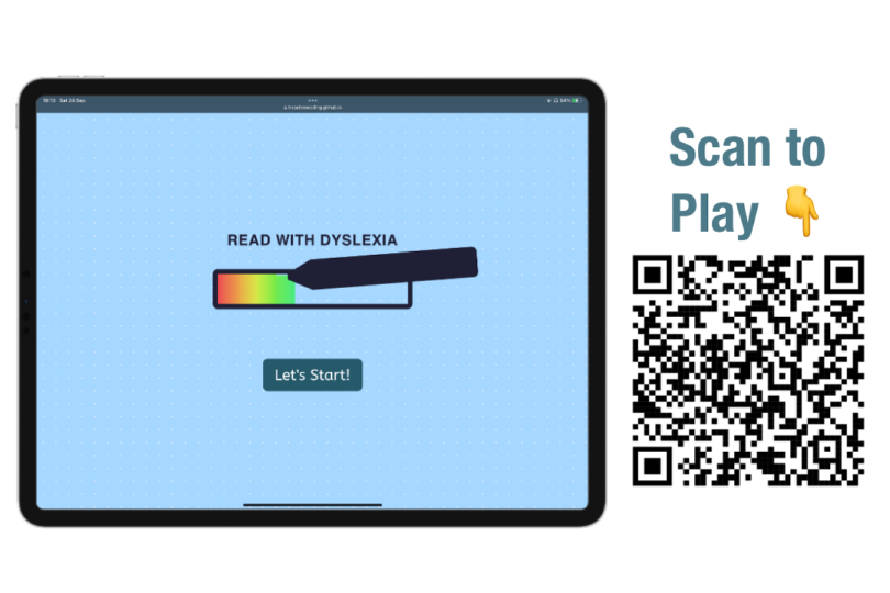 The dyslexia experience simulation game interface and QR code.